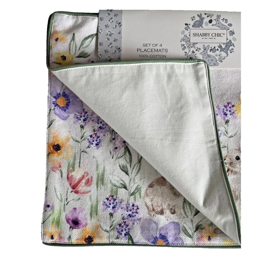 Shabby Chic Easter Bunny Placemats Set of 4 Spring Flowers Machine Wash 13x19